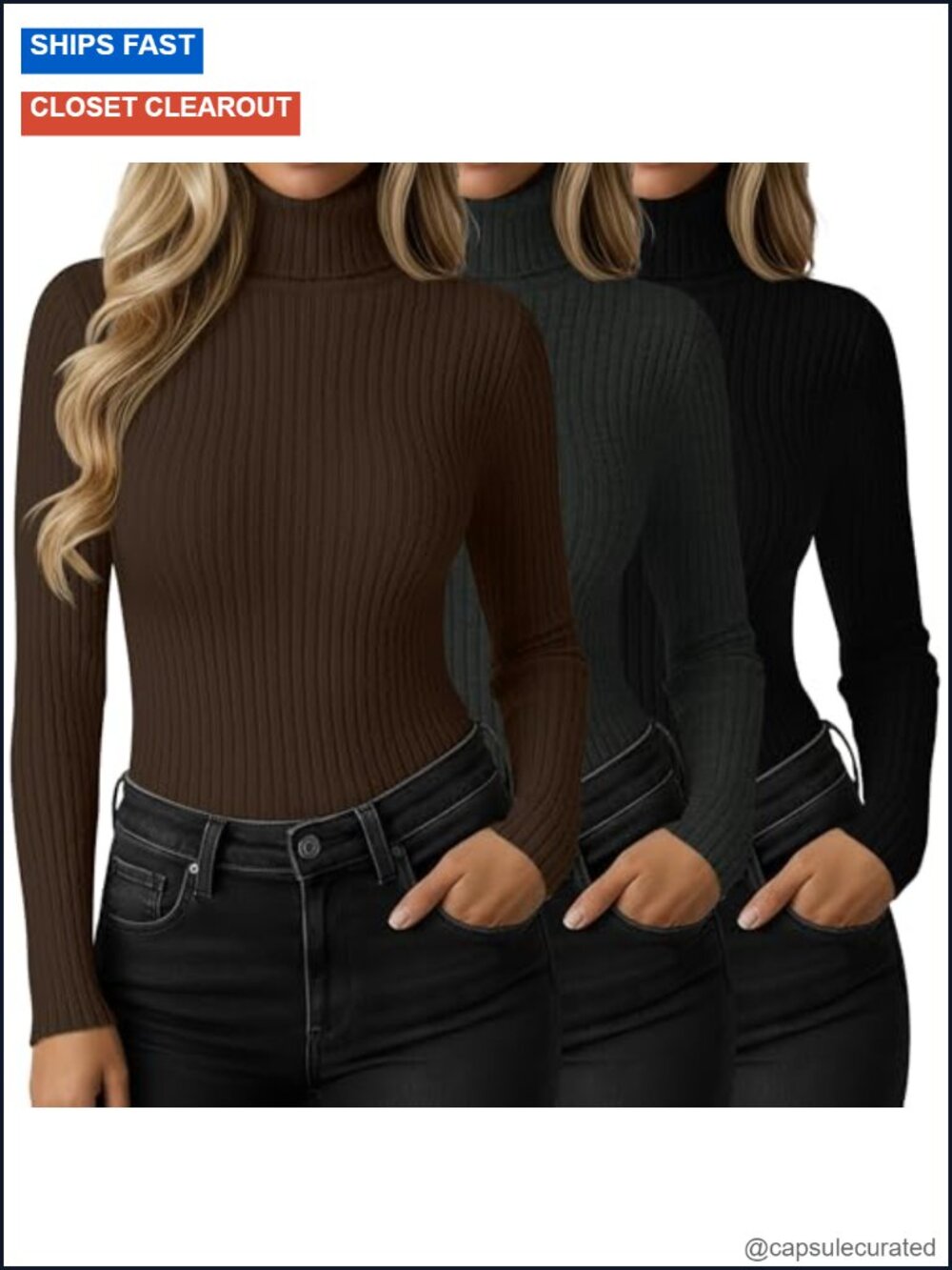 Pack of 3 Women's Turtleneck Sweaters Soft Ribbed Knit Pullover
